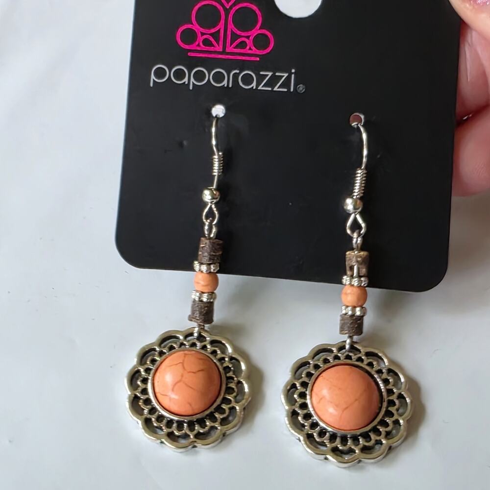 Paparazzi Desert Bliss Orange Earrings Silver Floral Frame Dangle Boho